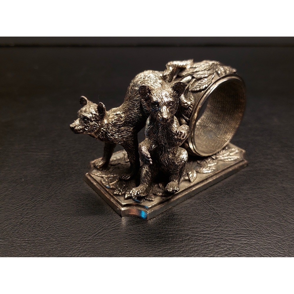 Vintage 1977 Franklin Mint Animals At Play Napkin Ring Silver Plate Bear Cubs